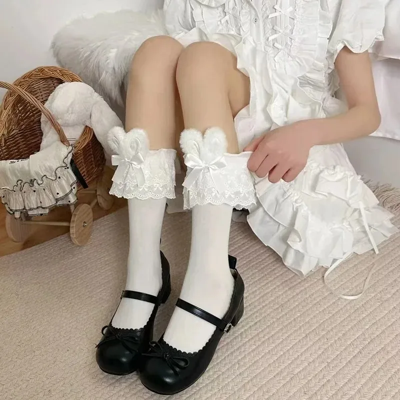 Skarpetki Harajuku Lolita z uszkami królika i koronkową wstawką Czarny