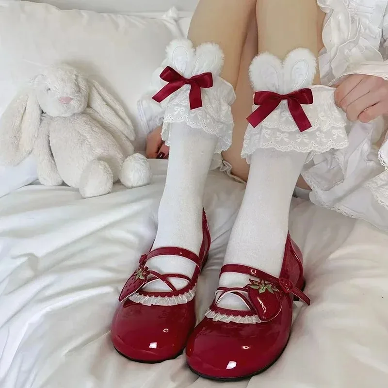 Skarpetki Harajuku Lolita z uszkami królika i koronkową wstawką Niebieski
