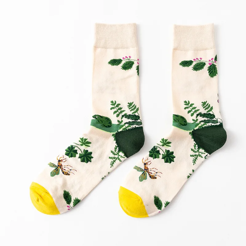 Skarpetki kawaii z nadrukiem ośmiornica i kwiaty Harajuku Khaki