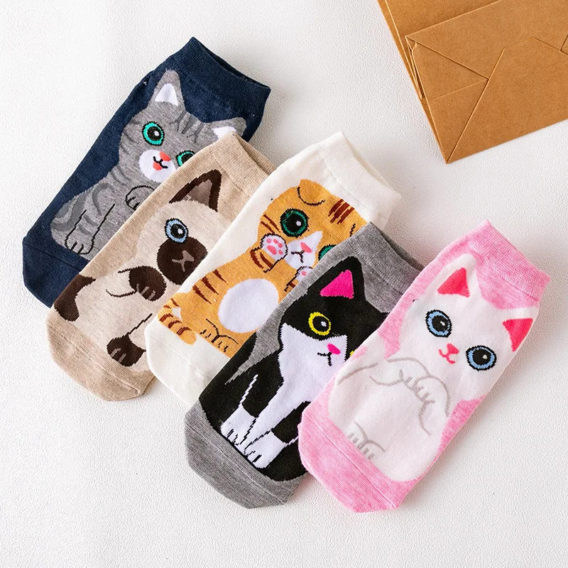 Skarpetki damskie kawaii z psem i kotem – 5 par koreańskich stopek Niebieski