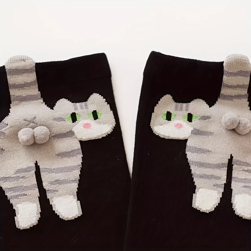 Skarpetki z kotami tabby 3D z dzwoneczkami długie zimowe 2 pary Czarny