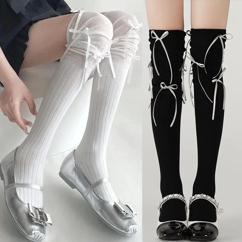Skarpetki Lolita z wstążką i kokardą balet kawaii Czarny