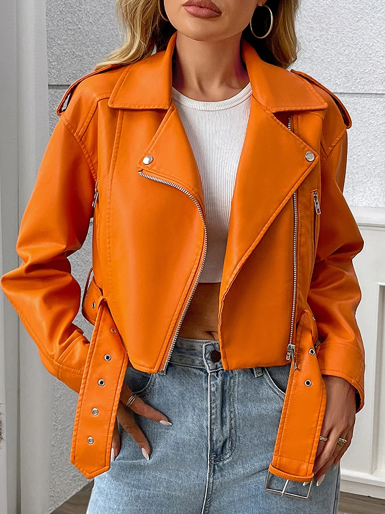 Skórzana kurtka motocyklowa damska z paskiem krótka Pomarańczowy