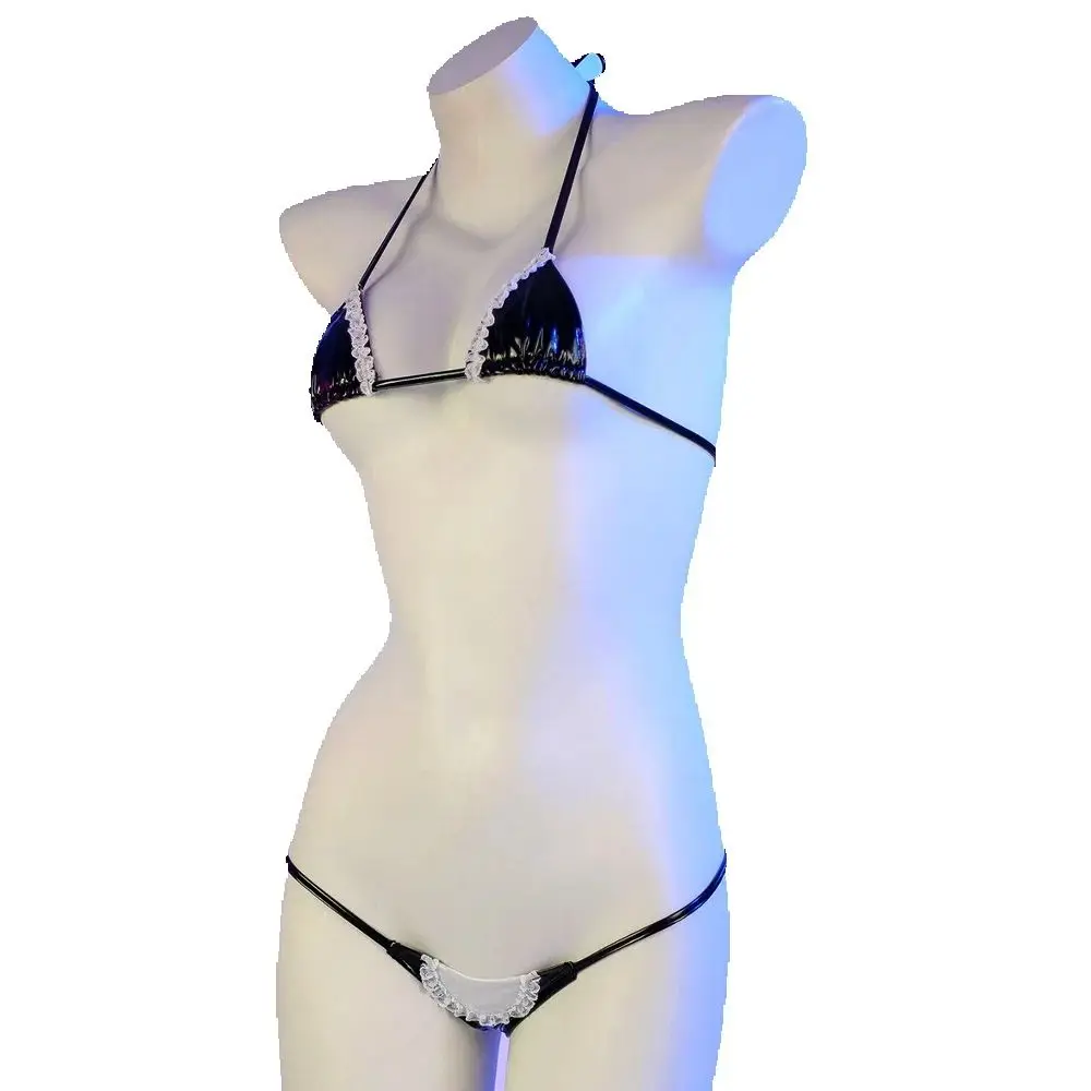 Skórzane bikini z koronką w stylu lolita, czarne Czarny