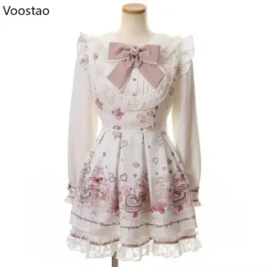 Słodka sukienka Lolita z koronką, kokardą i nadrukiem kawaii Biały