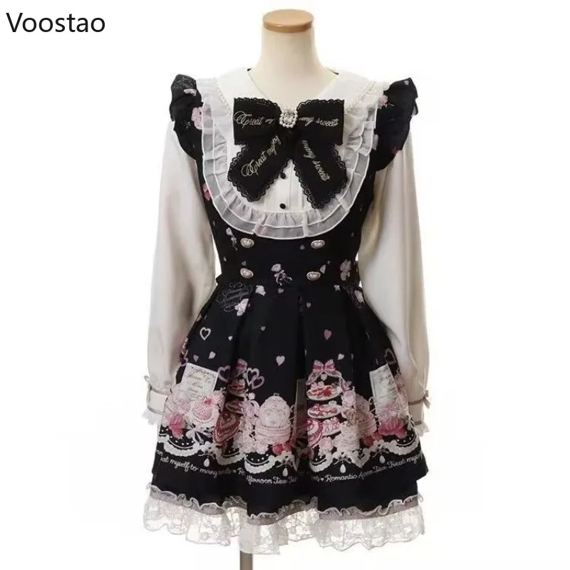 Słodka sukienka Lolita z koronką, kokardą i nadrukiem kawaii Czarny