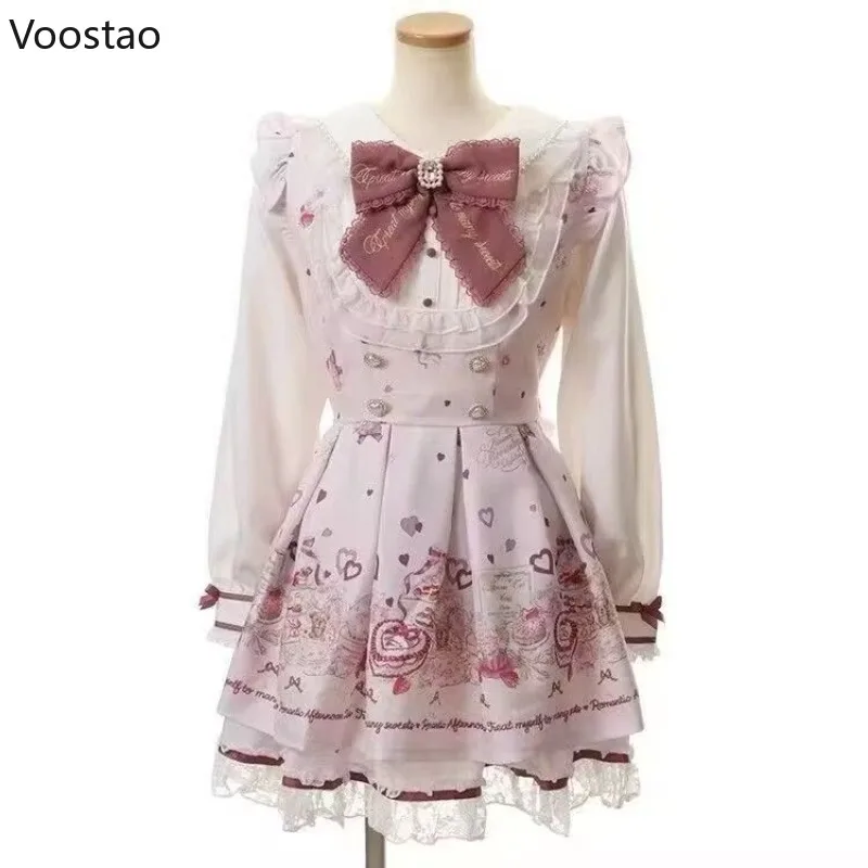 Słodka sukienka Lolita z koronką, kokardą i nadrukiem kawaii Różowy
