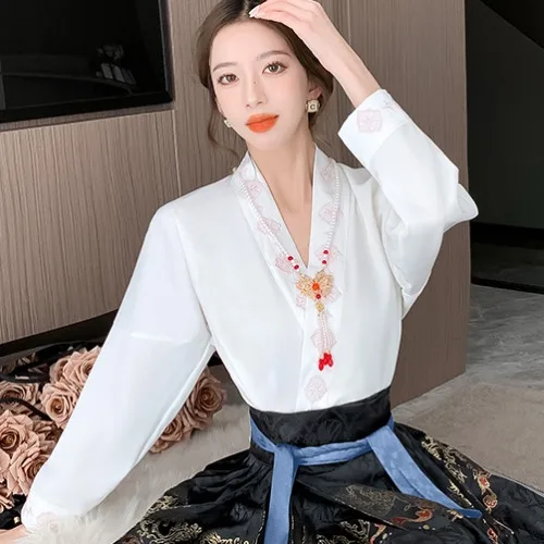Spódnica Hanfu midi z wysokim stanem w stylu chińskim Beżowy