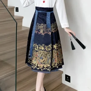 Spódnica Hanfu midi z wysokim stanem w stylu chińskim Błękitny