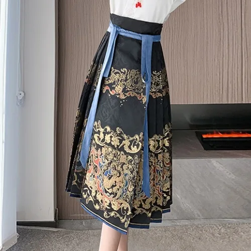Spódnica Hanfu midi z wysokim stanem w stylu chińskim Brązowy