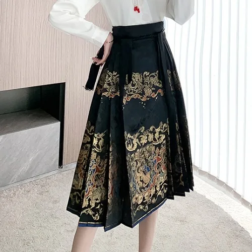 Spódnica Hanfu midi z wysokim stanem w stylu chińskim Złoto