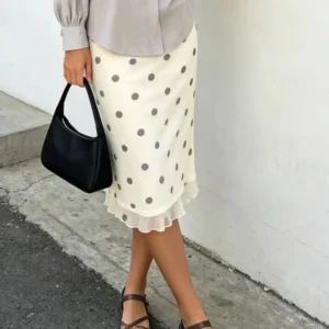 Spódnica midi w kropki z wysokim stanem w stylu retro Biały