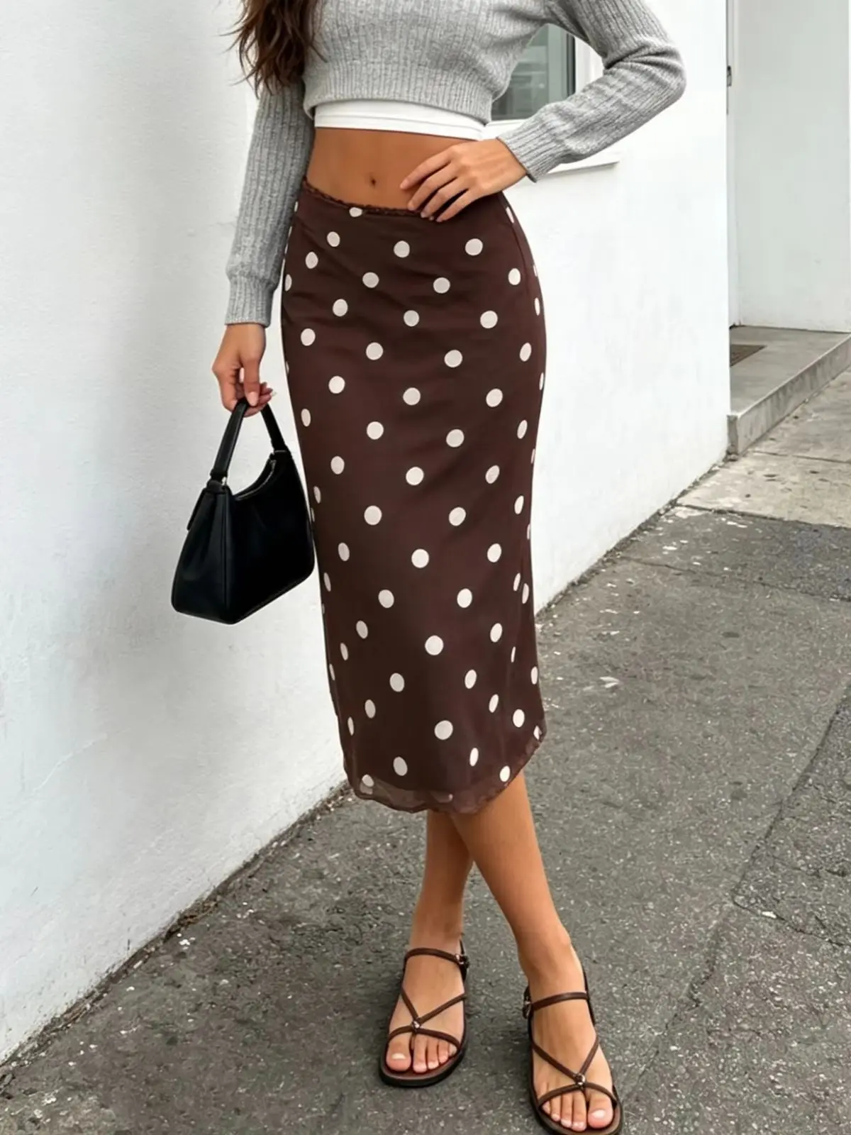 Spódnica midi w kropki z wysokim stanem w stylu retro Brązowy