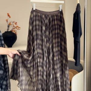 Spódnica midi z siateczki w kratę z wysokim stanem Khaki