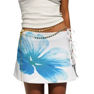 Spódnica mini tie dye w kwiaty z wiązaniem Szary