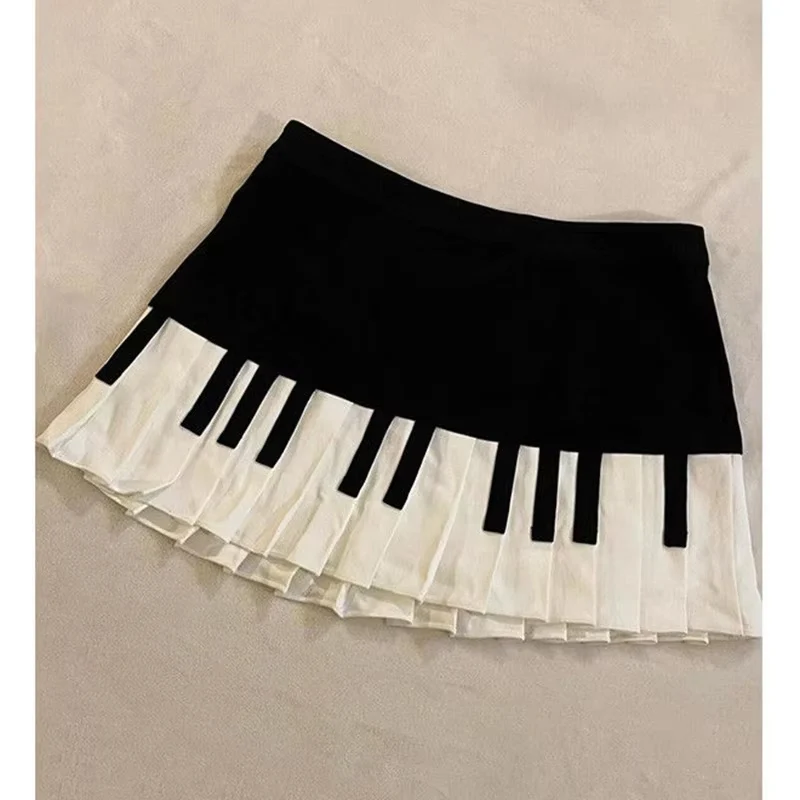 Elegancka spódnica patchworkowa koreańska mini w kształcie litery A Czarny