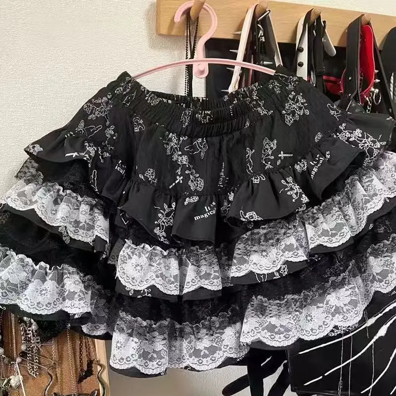 Spódniczka mini w paski z koronką kawaii streetwear Niebieski