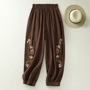 Spodnie bloomers damskie z haftem, wysoki stan, do kostek Brązowy