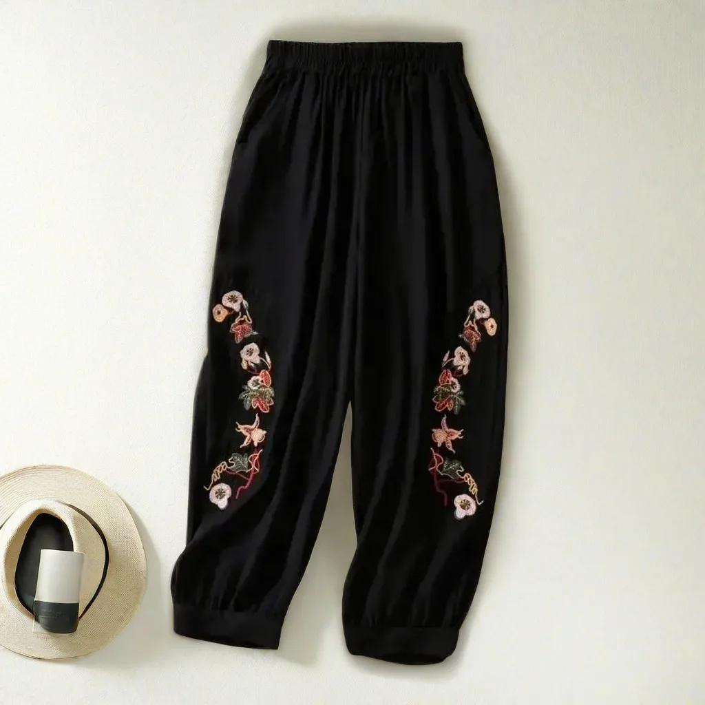 Spodnie bloomers damskie z haftem, wysoki stan, do kostek Czarny