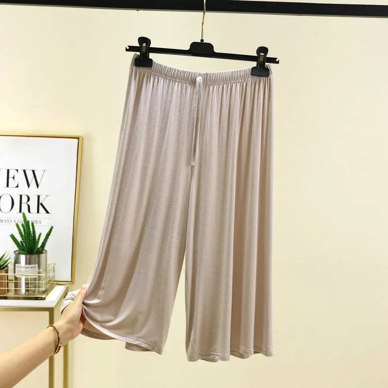 Spodnie Capri plus size damskie modalne letnie szeroka nogawka Beżowy