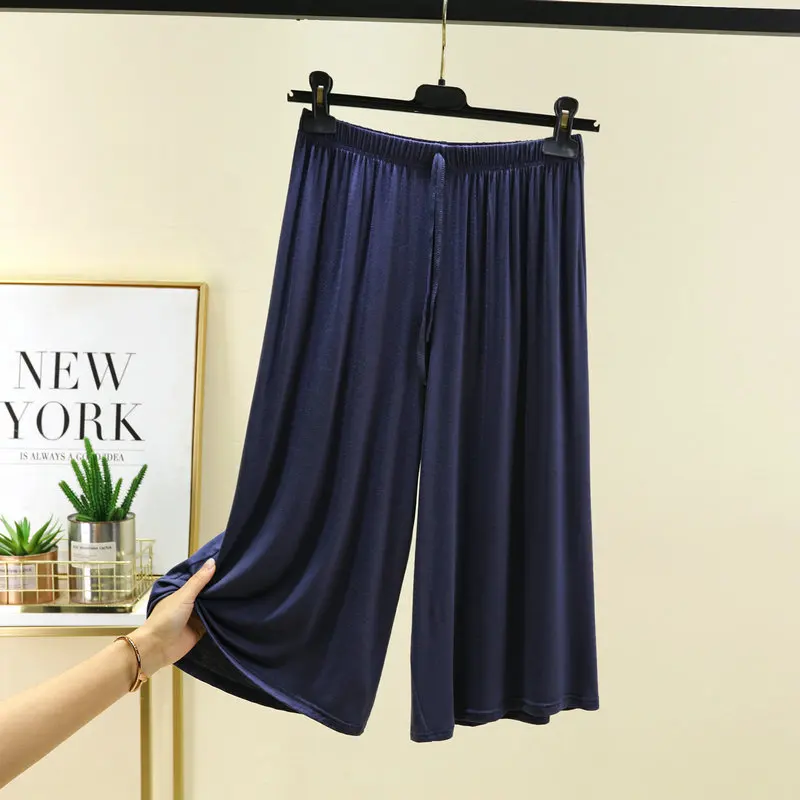 Spodnie Capri plus size damskie modalne letnie szeroka nogawka Głęboki niebieski
