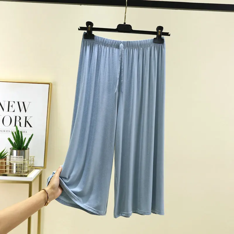 Spodnie Capri plus size damskie modalne letnie szeroka nogawka Niebieski