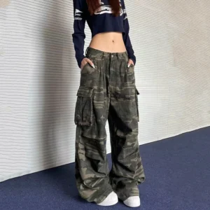 Spodnie cargo damskie moro z wysokim stanem i kieszeniami Głęboki niebieski