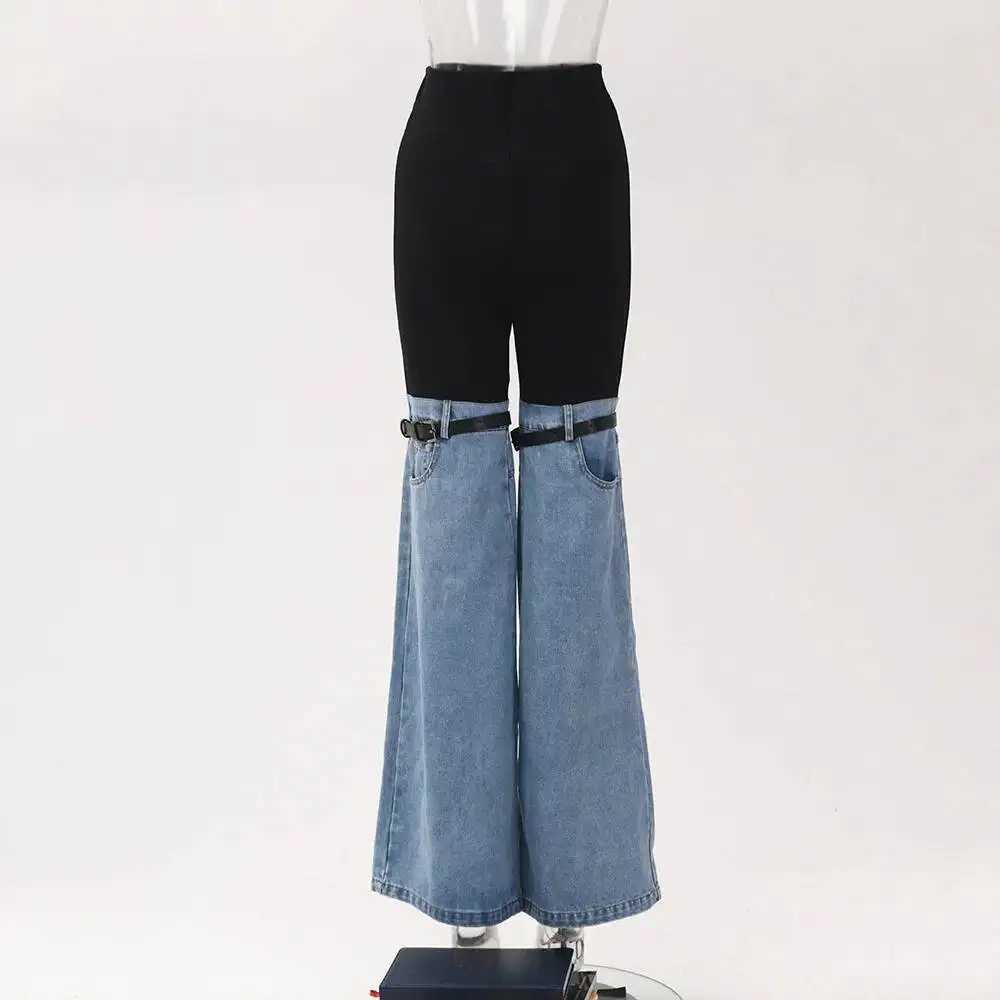 Spodnie damskie denim patchwork z wysokim stanem i kontrastowym paskiem Czarny