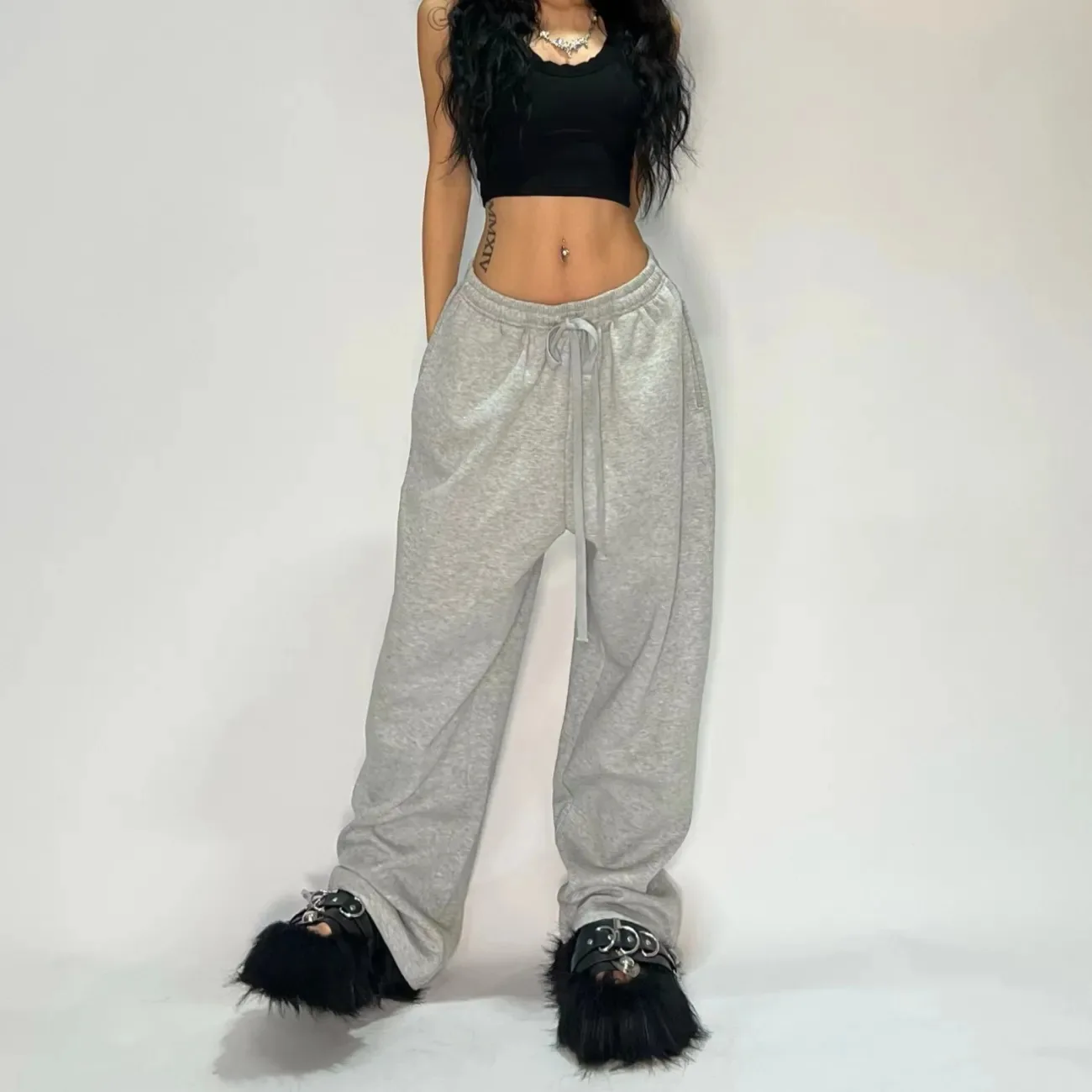 Spodnie dresowe oversize damskie Y2K z wysokim stanem Jasny szary