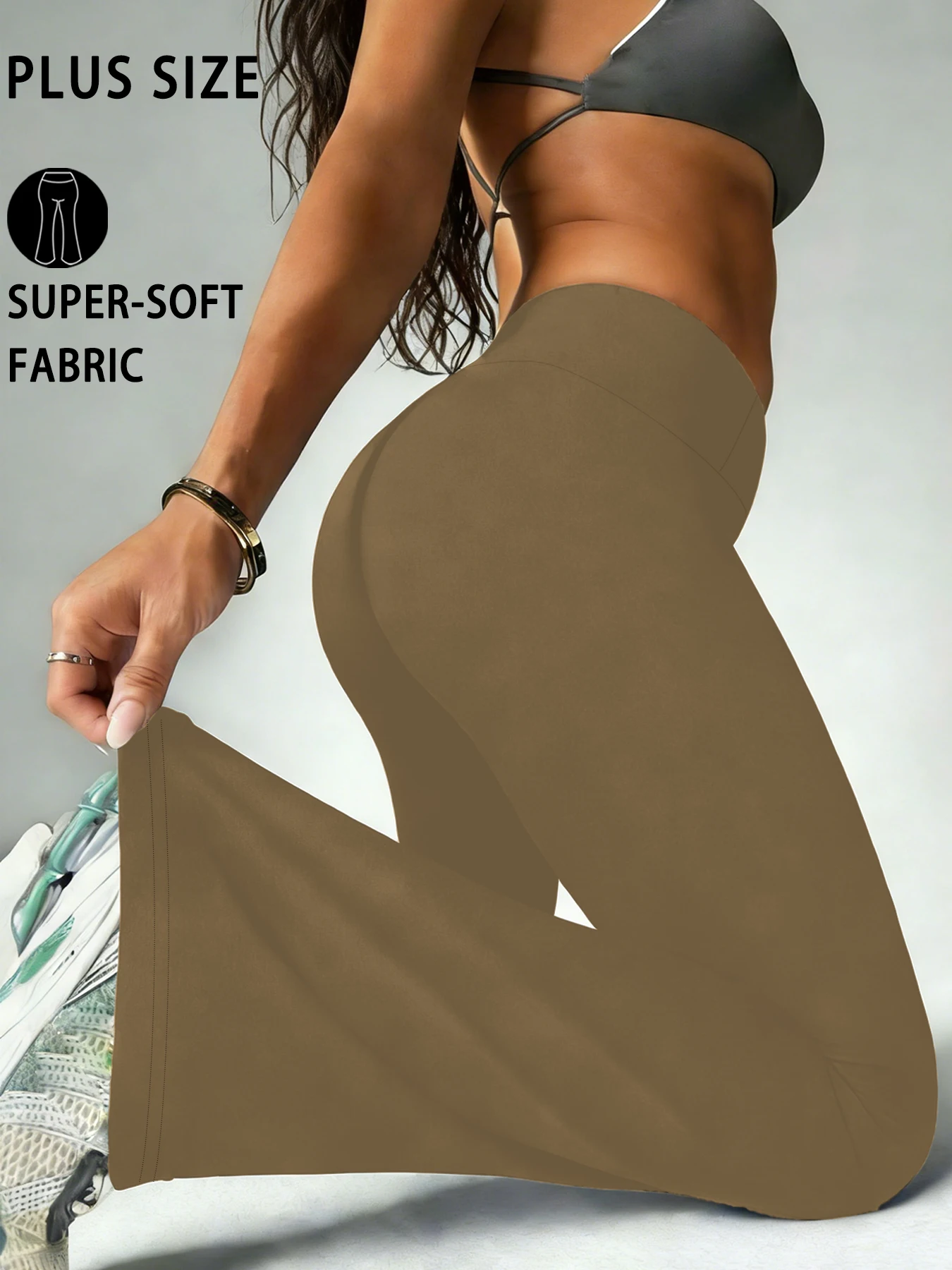 Spodnie dzwony plus size damskie z wysokim stanem na jogę Brązowy