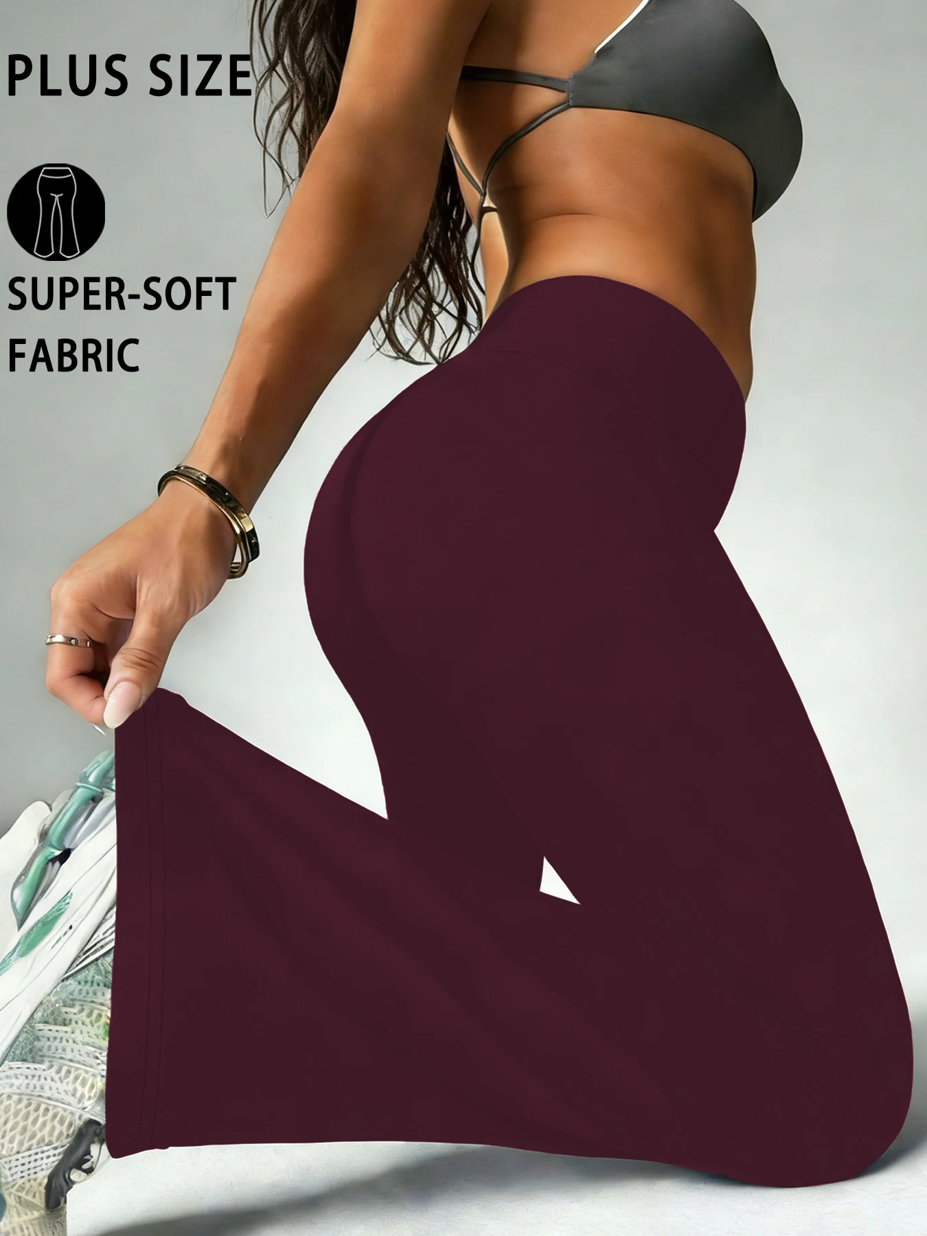 Spodnie dzwony plus size damskie z wysokim stanem na jogę Burgundia
