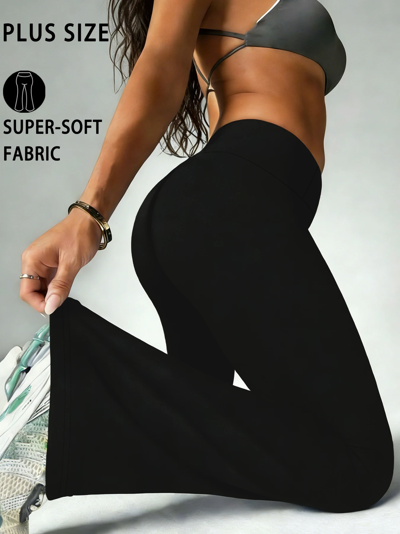 Spodnie dzwony plus size damskie z wysokim stanem na jogę Czarny