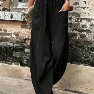 Spodnie haremki plus size z bawełny i lnu — luźne, retro Czarny