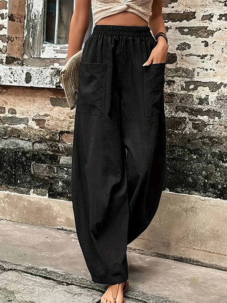 Spodnie haremki plus size z bawełny i lnu — luźne, retro Czarny