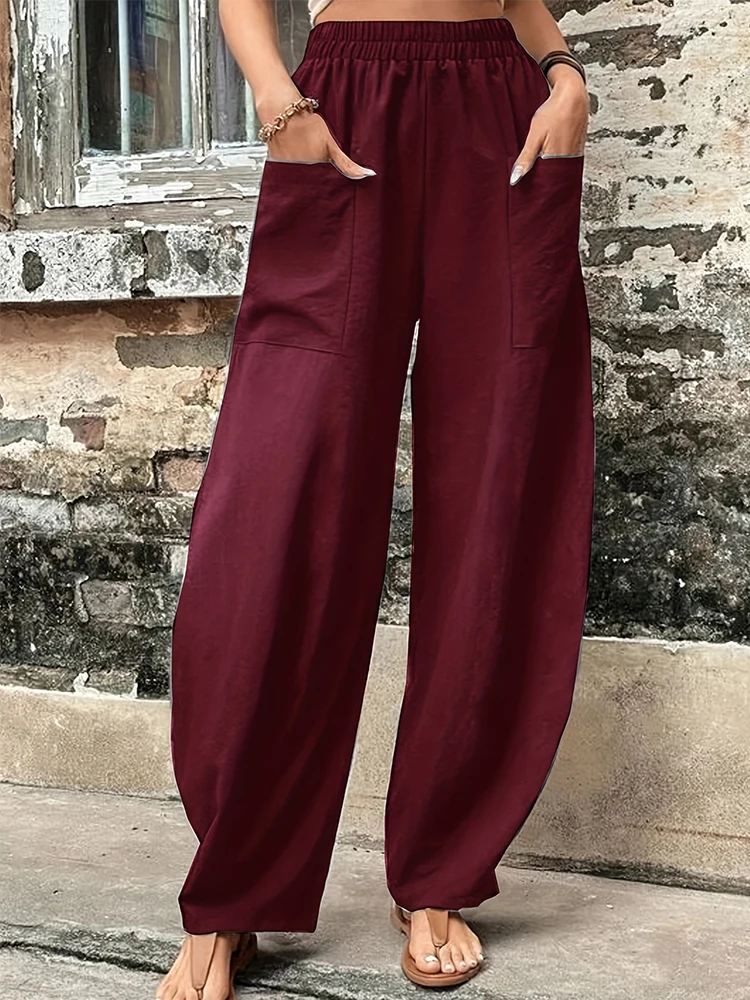 Spodnie haremki plus size z bawełny i lnu — luźne, retro Bordowy