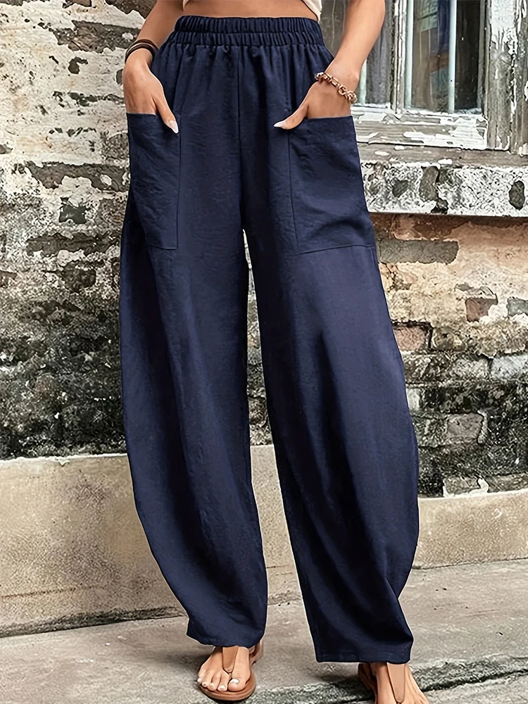 Spodnie haremki plus size z bawełny i lnu — luźne, retro Granatowy