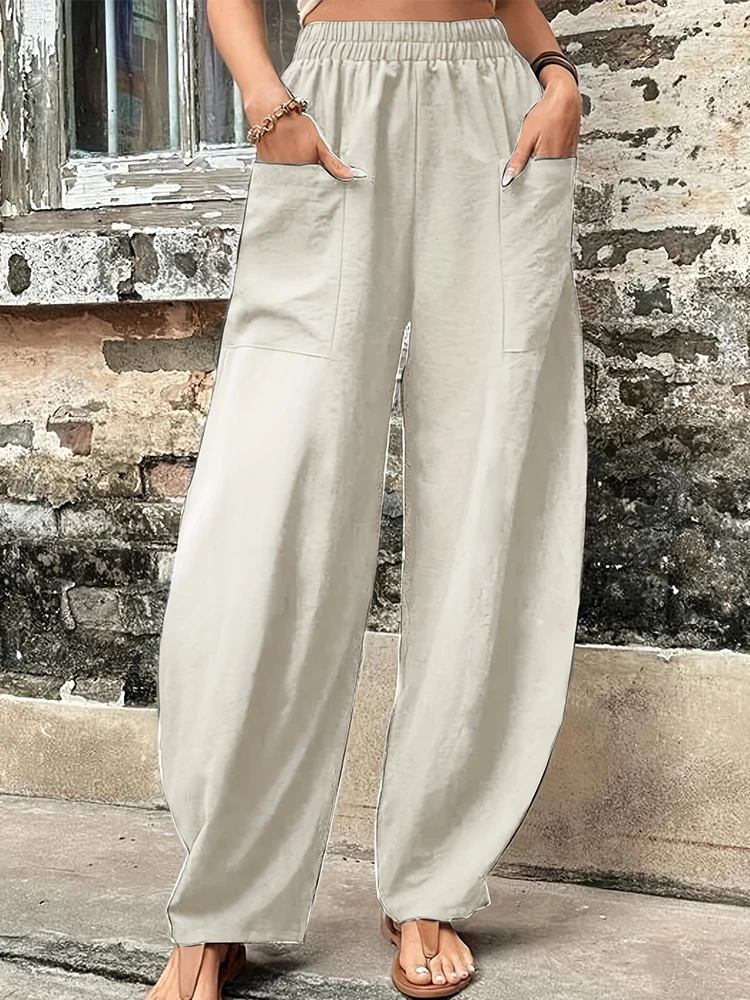 Spodnie haremki plus size z bawełny i lnu — luźne, retro Biały