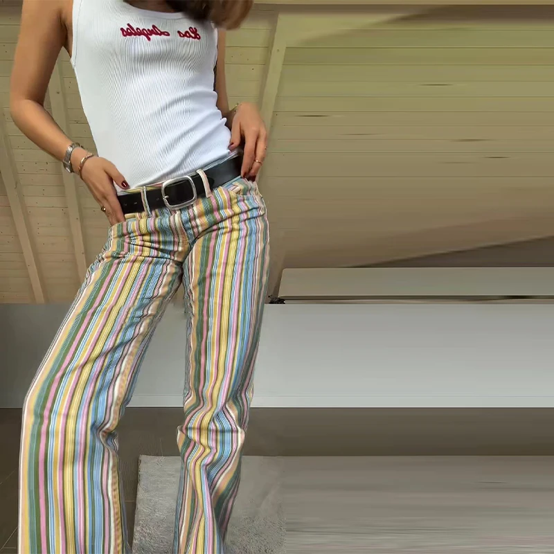 Spodnie w paski Y2K vintage, luźny krój sierpia, streetwear Pomarańczowy