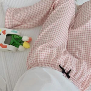 Spodnie do piżamy damskie w kratę z wysokim stanem szerokie nogawki Beżowy