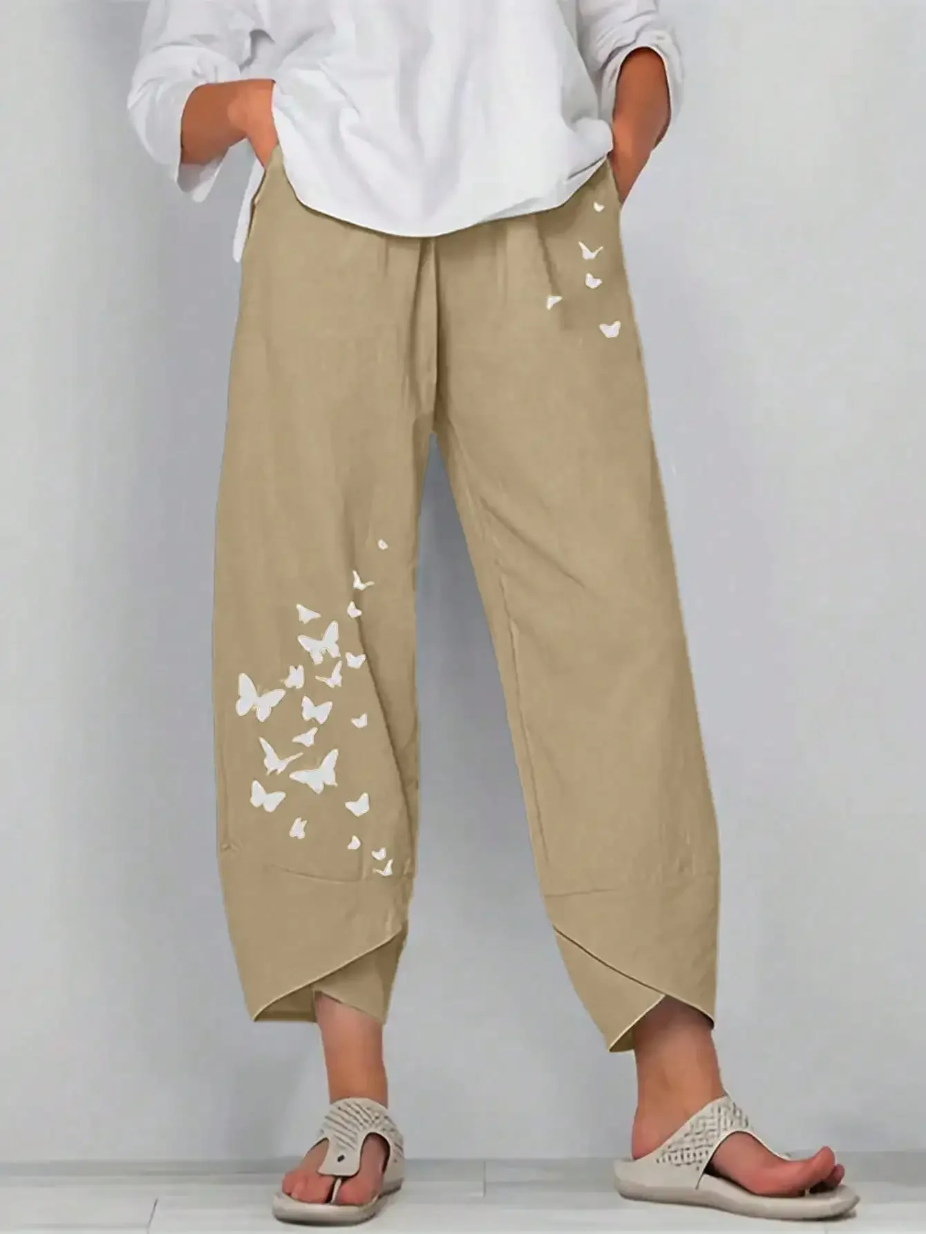 Spodnie damskie plus size z motylkami i gumka w pasie Khaki