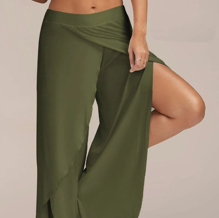 Spodnie damskie plus size z szeroką nogawką do tańca i jogi Zielony