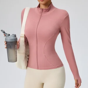Sportowa bluza fitness ze stójką i ochroną UV Koralowa czerwona