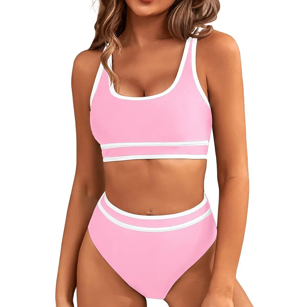Sportowe bikini z wysokim stanem, kolorowe Różowy