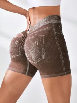 Sportowe szorty damskie faux jeans z efektem jeansowym Beżowy