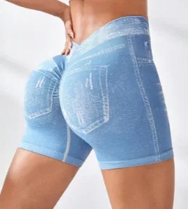 Sportowe szorty damskie faux jeans z efektem jeansowym Błękitny