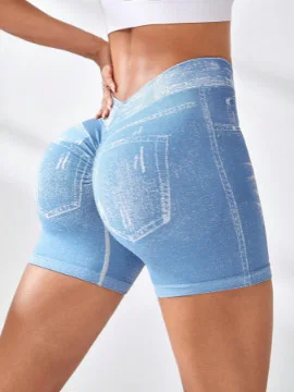 Sportowe szorty damskie faux jeans z efektem jeansowym Błękitny