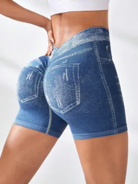 Sportowe szorty damskie faux jeans z efektem jeansowym Złoto
