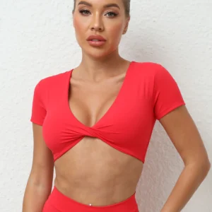 Sportowy crop top do jogi z krótkim rękawem Brązowy