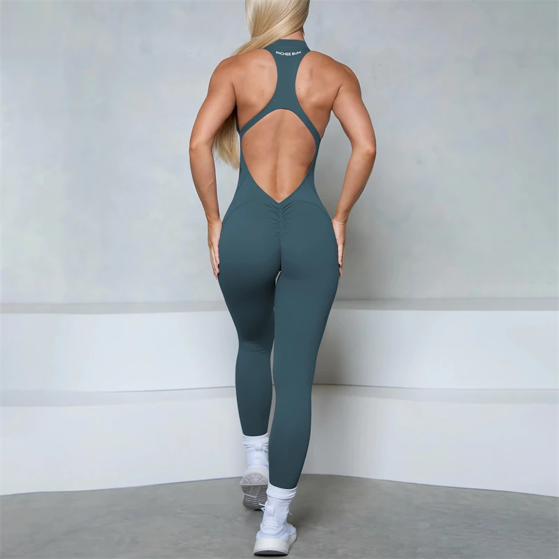 Sportowy kombinezon fitness bez rękawów z efektem scrunch Dark lake