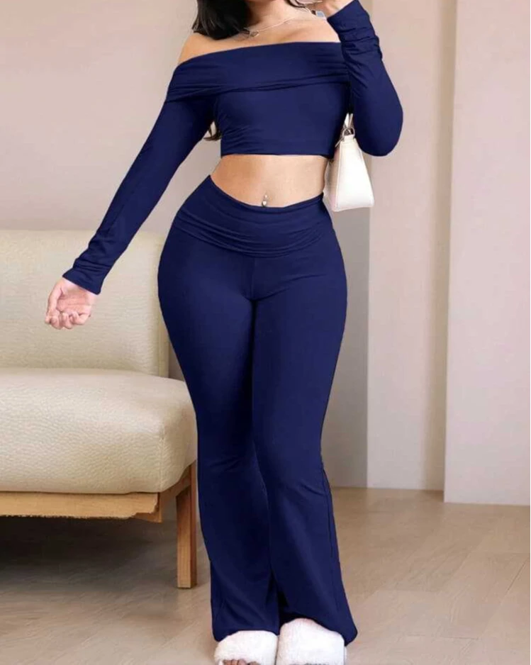 Sportowy komplet damski crop top i spodnie dzwony Granatowy
